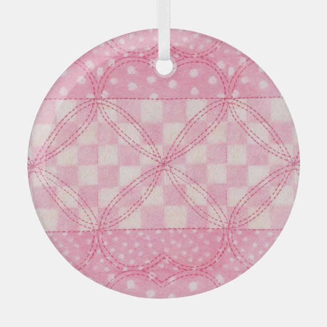 PINK HEART QUILT Glass Circle Ornament (Front)