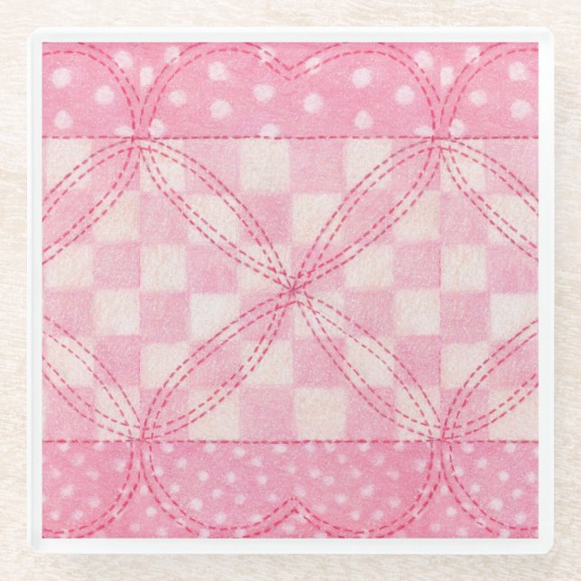 PINK HEART QUILT Glass Coaster (Front)