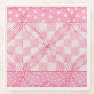 PINK HEART QUILT Glass Coaster / Pink