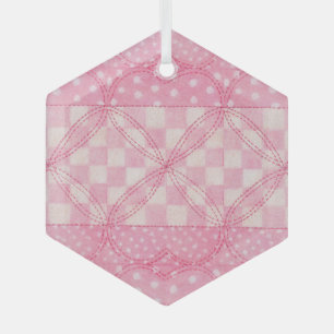 PINK HEART QUILT Glass Hexagon Ornament