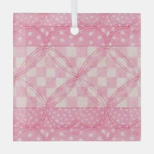 PINK HEART QUILT Glass Square Ornament