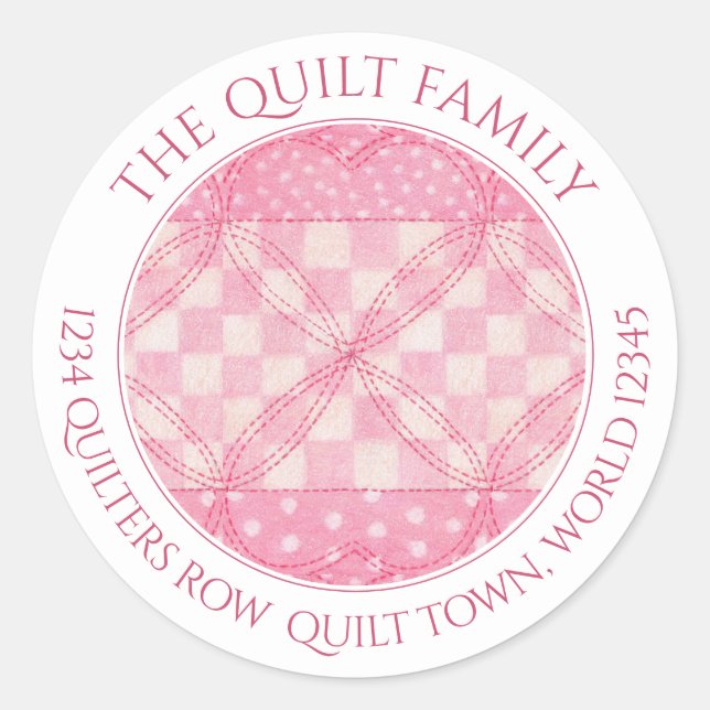 PINK HEART QUILT Large Round Address Seals  (Front)