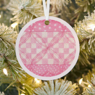 PINK HEART QUILT Metal Circle Ornament / Pink