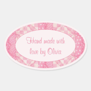 PINK HEART QUILT Oval "Hand Made" Stickers II
