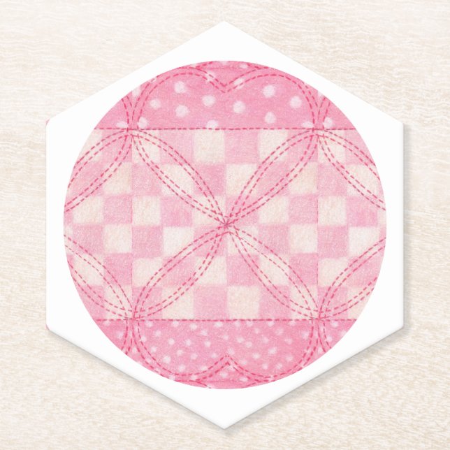 PINK HEART QUILT Pointy Hexagon Paper Coasters  (Front)
