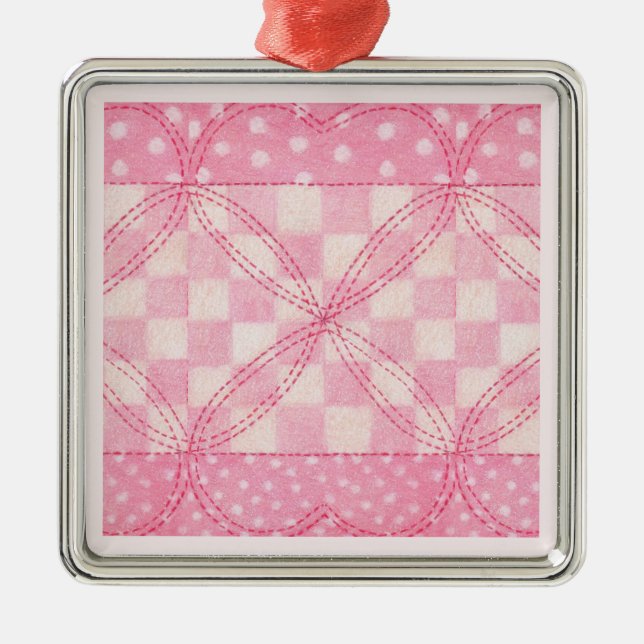 PINK HEART QUILT Premium Square Ornament / Pink (Front)