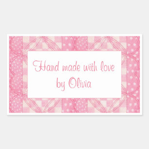 PINK HEART QUILT Rectangle "Hand Made" Stickers 