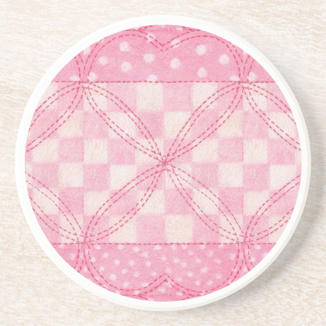 PINK HEART QUILT Round Sandstone Coaster (Front)