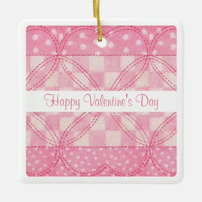 PINK HEART QUILT Valentine Ceramic Sq. Ornament  (Front)