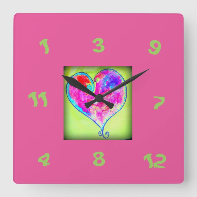 pink heart random number square wall clock (Front)