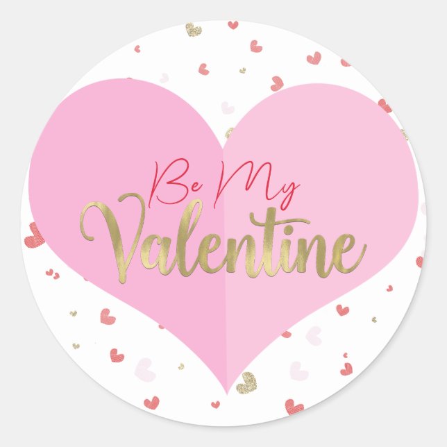 Pink Heart Red & Gold Hearts Valentine's Party Classic Round Sticker (Front)
