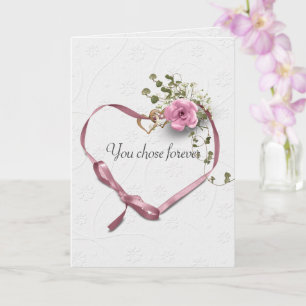 Pink Heart Ribbon and Gold Wedding Rings Card
