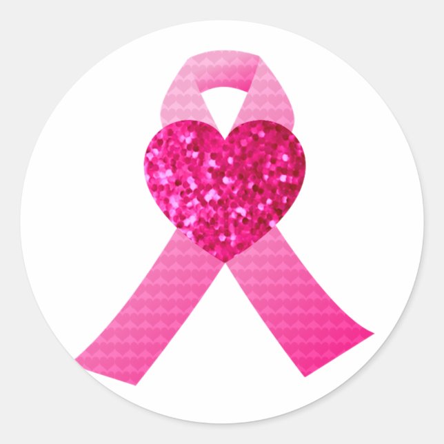Pink Heart Ribbon Breast Cancer Awareness Classic Round Sticker (Front)
