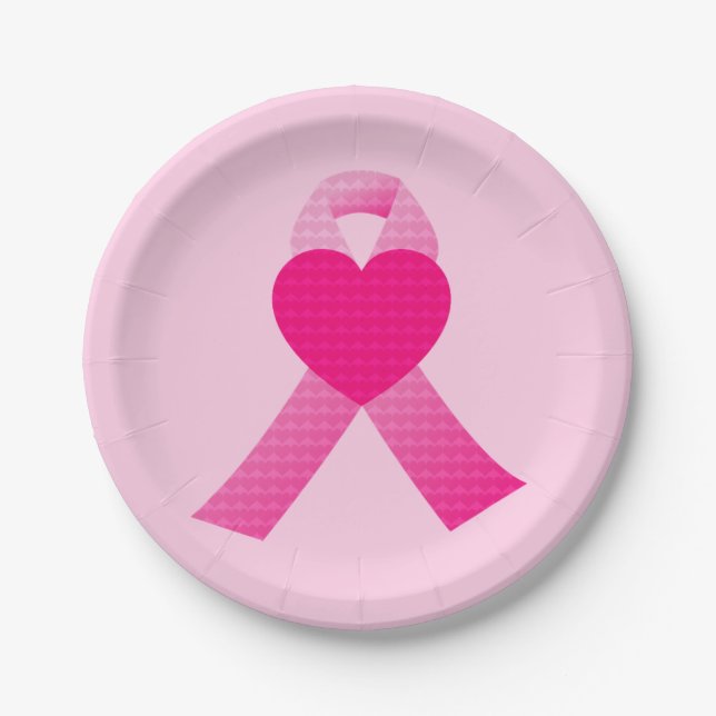 Pink Heart Ribbon Breast Cancer Awareness Custom Paper Plate (Front)
