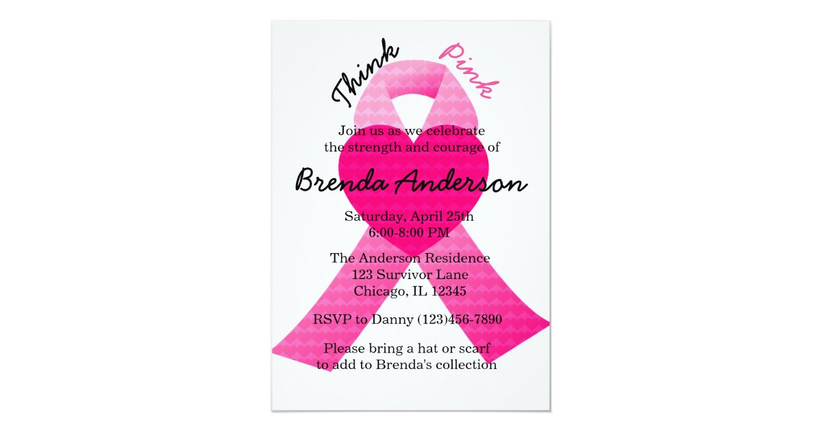 Pink Heart Ribbon Breast Cancer Awareness Party Invitation ...