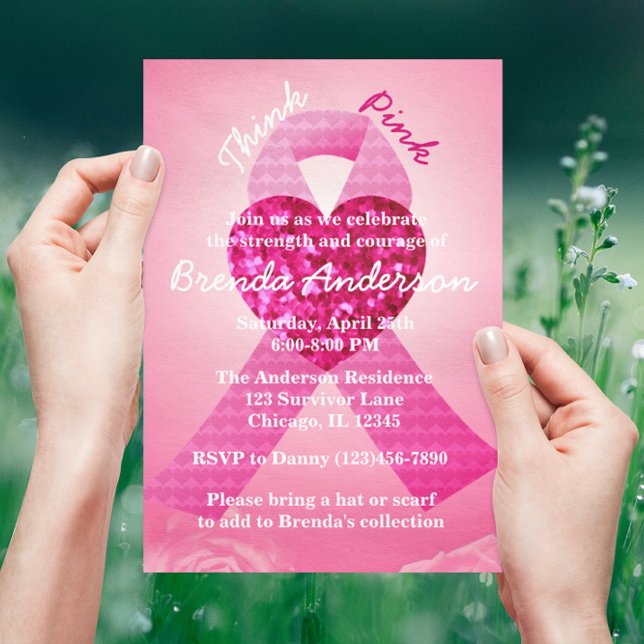 Pink Heart Ribbon Breast Cancer Awareness Party Invitation (Creator Uploaded)