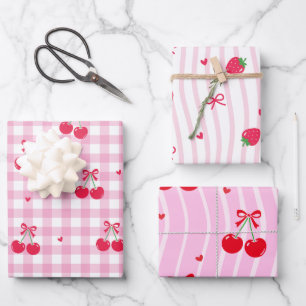 Pink Heart Ribbon Cherries Wrapping Paper Sheet