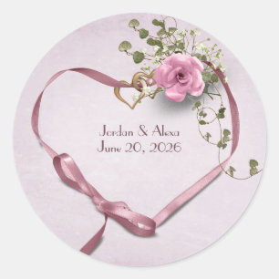 pink heart ribbon for wedding announcement classic round sticker