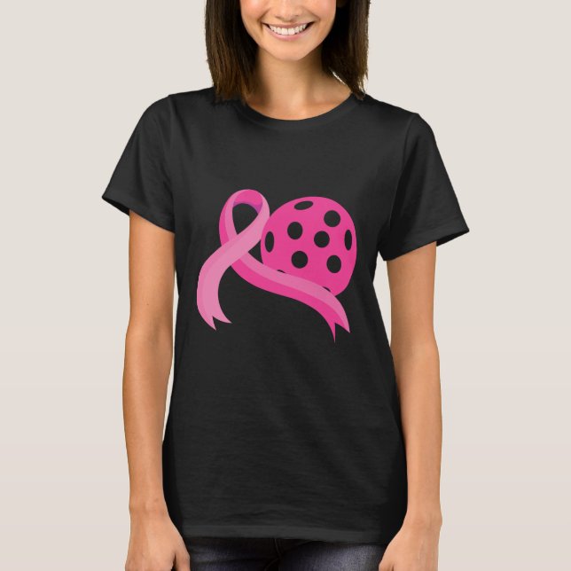 Pink Heart Ribbon Pickleball Breast Cancer Awarene T-Shirt (Front)