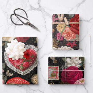 Pink Heart Rose Flowers Vintage Wrapping Paper Sheet