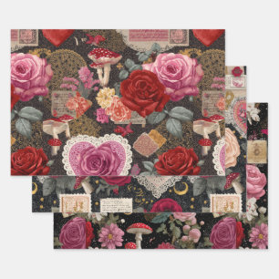 Pink Heart Rose Flowers Vintage Wrapping Paper Sheet