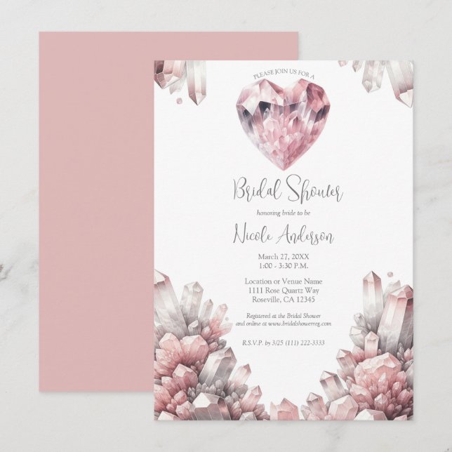 Pink Heart Rose Quartz Love Crystal Bridal Shower Invitation (Front/Back)