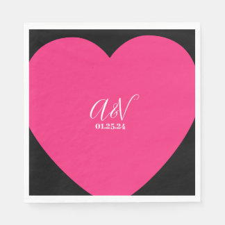 Pink Heart Script Couples Date Wedding Napkin