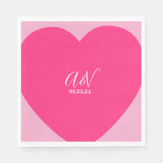 Pink Heart Script Couples Date Wedding Napkin