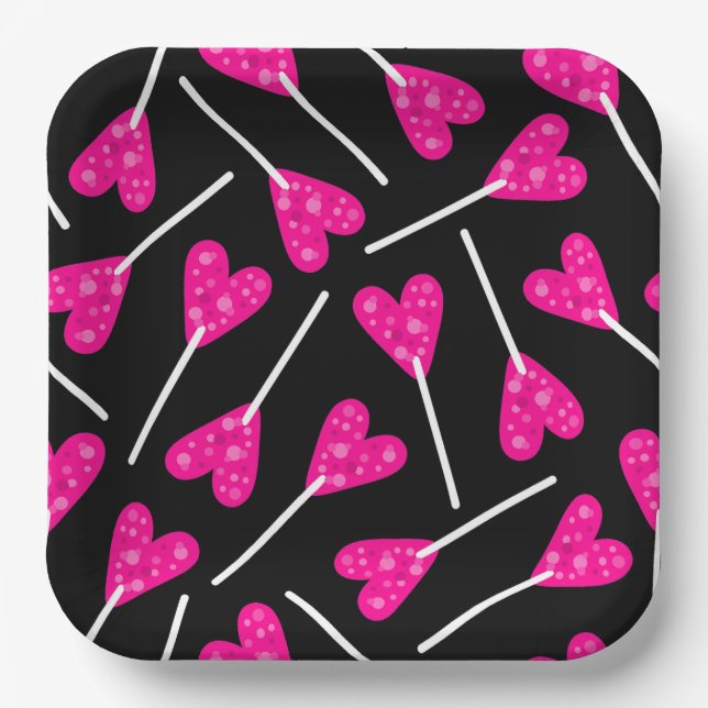 pink heart shape lollipop candy black paper plate (Front)