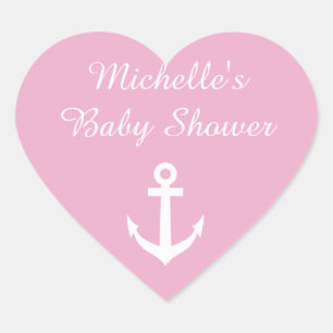 Pink heart shaped baby shower stickers with anchor