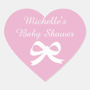 Pink heart shaped baby shower stickers with bow