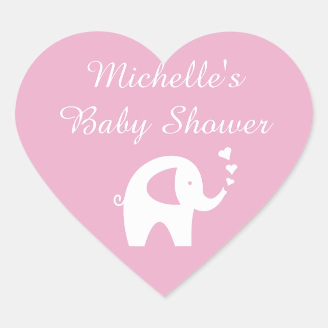 Pink heart shaped elephant baby shower stickers (Front)