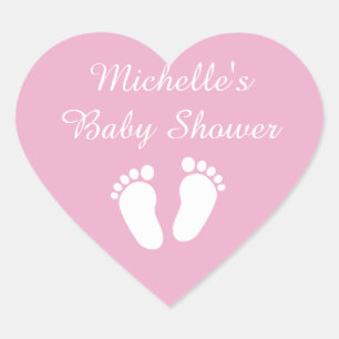 Pink heart shaped footprints baby shower stickers
