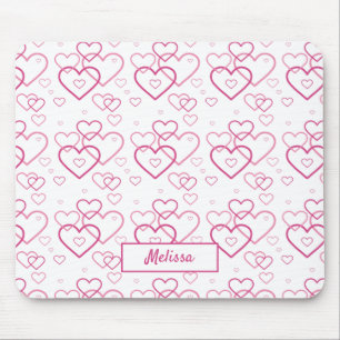 Pink Heart Shapes Pattern With Custom Name Mouse Mat