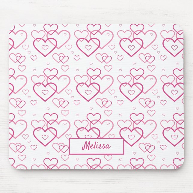 Pink Heart Shapes Pattern With Custom Name Mouse Mat (Front)