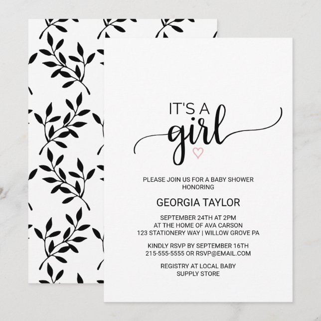 Pink Heart | Simple Black Calligraphy It's A Girl Invitation (Front/Back)