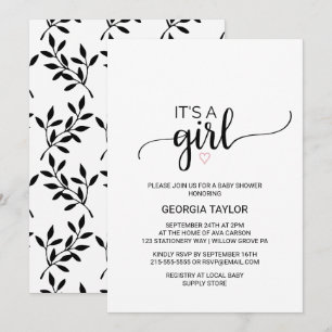 Pink Heart   Simple Black Calligraphy It's A Girl Invitation