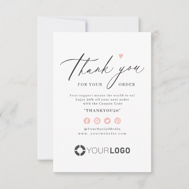 Pink heart simple script business logo thank you card (Front)
