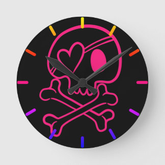 Pink Heart Skull and Crossbones Round Clock