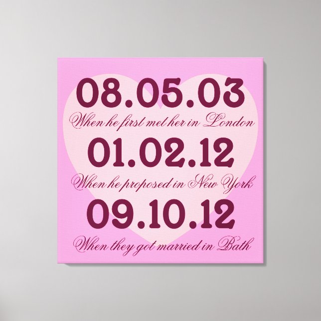 Pink Heart Special Dates Stretched Canvas Print (Front)