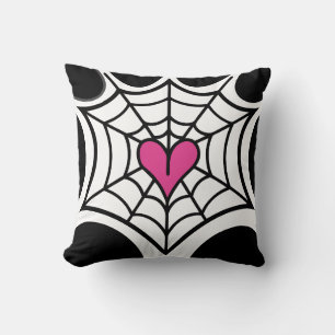 Pink Heart Spider web Black and white Halloween Cushion