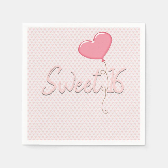 Pink Heart Sweet 16 Balloon Napkin (Front)