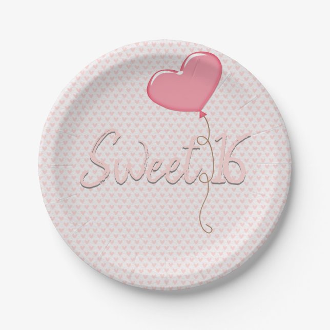 Pink Heart Sweet 16 Balloon Paper Plate (Front)
