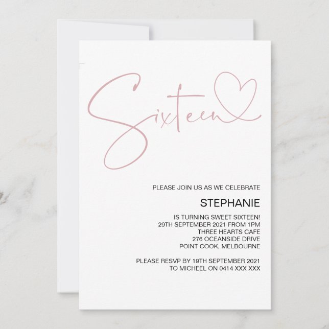 Pink Heart Sweet Sixteen Birthday Party Invitation (Front)
