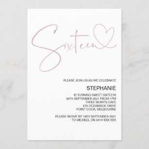 Pink Heart Sweet Sixteen Birthday Party Invitation