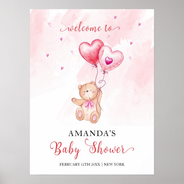 Pink Heart Teddy Bear Balloon Baby Shower Welcome Poster (Front)