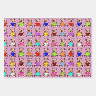 Pink Heart Teddy Bears Wrapping Paper Sheet