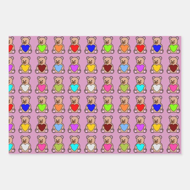 Pink Heart Teddy Bears Wrapping Paper Sheet (Front)