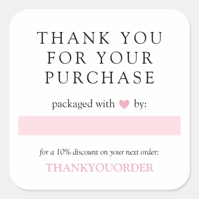 Pink Heart Thank You For Order Square Sticker (Front)