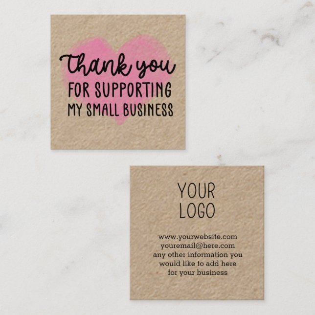 Pink Heart Thank You Supporting My Small Business Square Business Card (Front/Back)